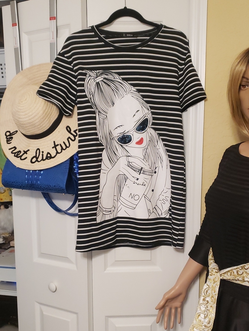 SHEIN Black & White Striped Tee with Sunglass Girl Graphic